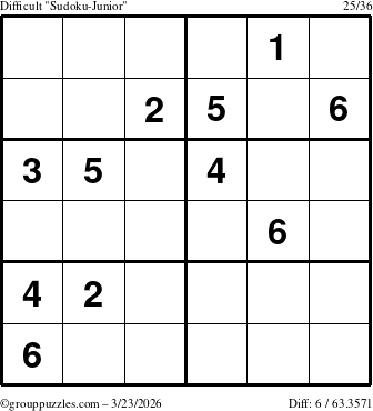 The grouppuzzles.com Difficult Sudoku-Junior puzzle for Monday March 23, 2026