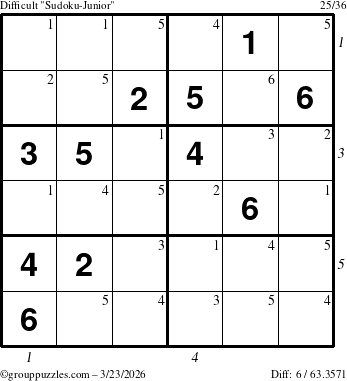 The grouppuzzles.com Difficult Sudoku-Junior puzzle for Monday March 23, 2026, suitable for printing, with all 6 steps marked