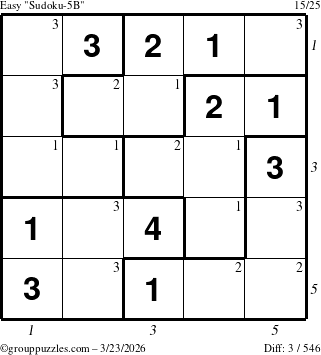 The grouppuzzles.com Easy Sudoku-5B puzzle for Monday March 23, 2026, suitable for printing, with all 3 steps marked
