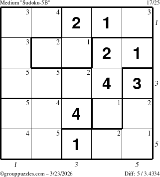 The grouppuzzles.com Medium Sudoku-5B puzzle for Monday March 23, 2026 with all 5 steps marked