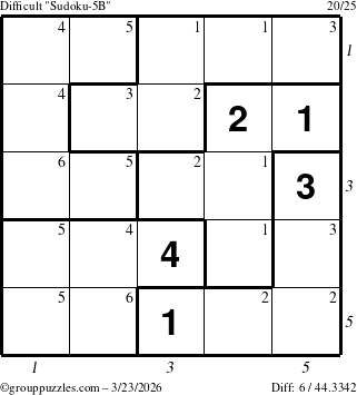 The grouppuzzles.com Difficult Sudoku-5B puzzle for Monday March 23, 2026 with all 6 steps marked