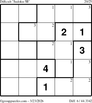 The grouppuzzles.com Difficult Sudoku-5B puzzle for Monday March 23, 2026 with the first 3 steps marked