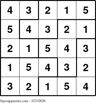The grouppuzzles.com Answer grid for the Sudoku-5B puzzle for Monday March 23, 2026