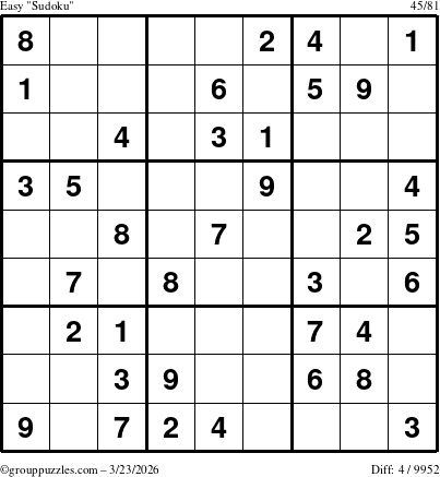 The grouppuzzles.com Easy Sudoku puzzle for Monday March 23, 2026