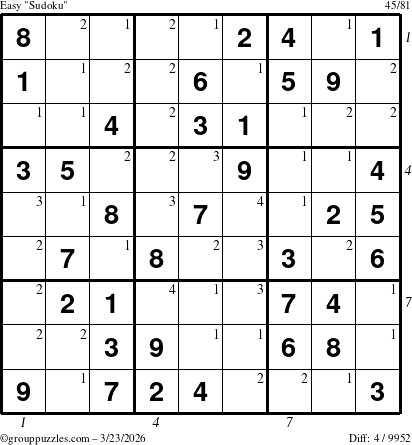 The grouppuzzles.com Easy Sudoku puzzle for Monday March 23, 2026 with all 4 steps marked