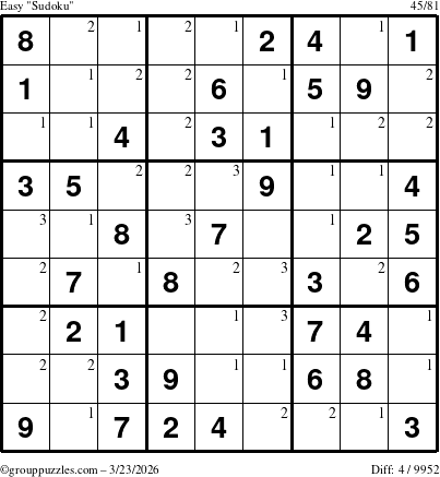 The grouppuzzles.com Easy Sudoku puzzle for Monday March 23, 2026 with the first 3 steps marked