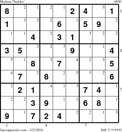 The grouppuzzles.com Medium Sudoku puzzle for Monday March 23, 2026, suitable for printing, with all 5 steps marked