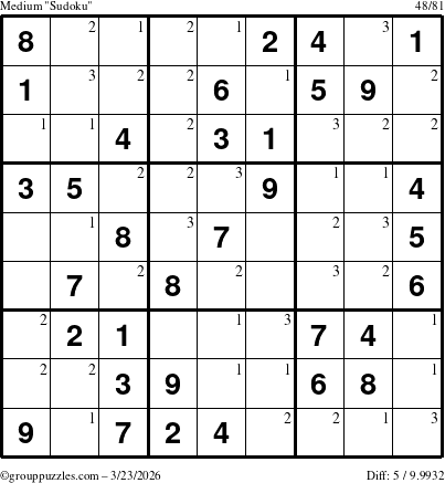 The grouppuzzles.com Medium Sudoku puzzle for Monday March 23, 2026 with the first 3 steps marked