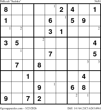The grouppuzzles.com Difficult Sudoku puzzle for Monday March 23, 2026 with the first 3 steps marked