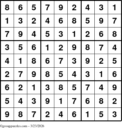 The grouppuzzles.com Answer grid for the Sudoku puzzle for Monday March 23, 2026