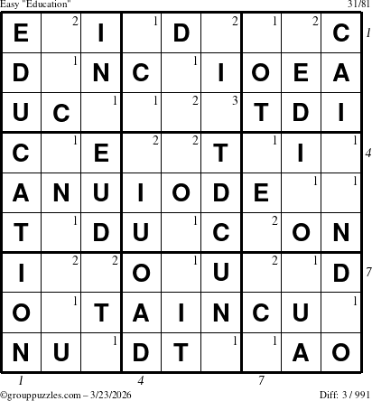 The grouppuzzles.com Easy Education-c1 puzzle for Monday March 23, 2026, suitable for printing, with all 3 steps marked