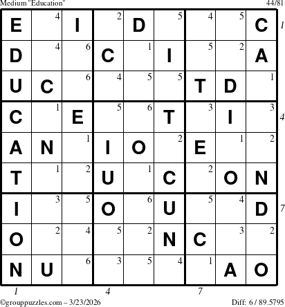 The grouppuzzles.com Medium Education-c1 puzzle for Monday March 23, 2026 with all 6 steps marked