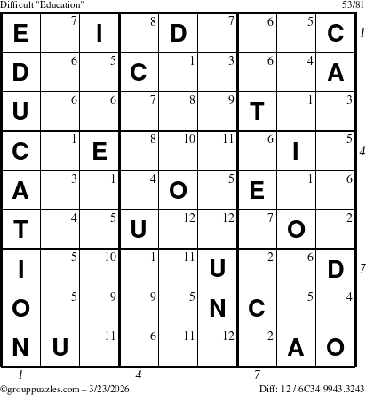 The grouppuzzles.com Difficult Education-c1 puzzle for Monday March 23, 2026, suitable for printing, with all 12 steps marked