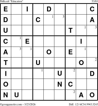 The grouppuzzles.com Difficult Education-c1 puzzle for Monday March 23, 2026 with the first 3 steps marked