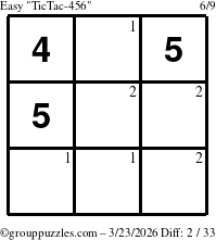 The grouppuzzles.com Easy TicTac-456 puzzle for Monday March 23, 2026 with the first 2 steps marked