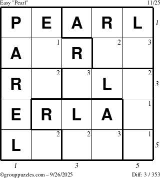 The grouppuzzles.com Easy Pearl puzzle for Friday September 26, 2025, suitable for printing, with all 3 steps marked