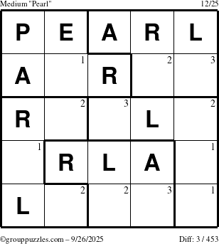 The grouppuzzles.com Medium Pearl puzzle for Friday September 26, 2025 with the first 3 steps marked