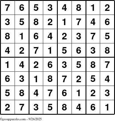 The grouppuzzles.com Answer grid for the Sudoku-8up puzzle for Friday September 26, 2025