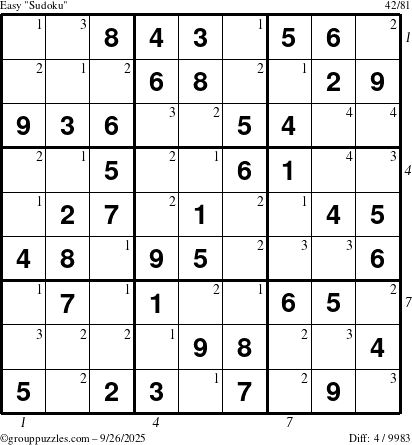 The grouppuzzles.com Easy Sudoku puzzle for Friday September 26, 2025 with all 4 steps marked