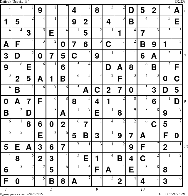 The grouppuzzles.com Difficult Sudoku-16 puzzle for Friday September 26, 2025 with all 9 steps marked