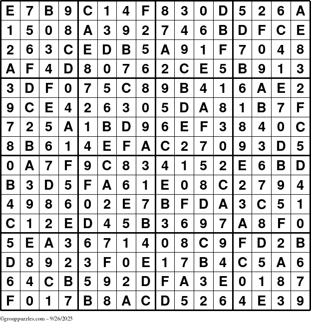 The grouppuzzles.com Answer grid for the Sudoku-16 puzzle for Friday September 26, 2025