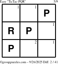 The grouppuzzles.com Easy TicTac-PQR puzzle for Friday September 26, 2025 with the first 2 steps marked