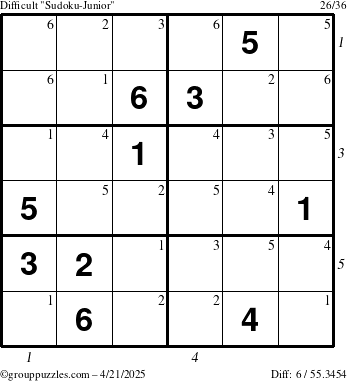 The grouppuzzles.com Difficult Sudoku-Junior puzzle for Monday April 21, 2025, suitable for printing, with all 6 steps marked