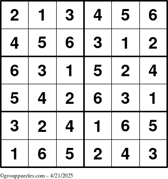 The grouppuzzles.com Answer grid for the Sudoku-Junior puzzle for Monday April 21, 2025
