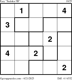 The grouppuzzles.com Easy Sudoku-5B puzzle for Monday April 21, 2025