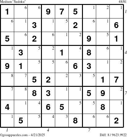 The grouppuzzles.com Medium Sudoku puzzle for Monday April 21, 2025, suitable for printing, with all 8 steps marked