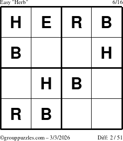 The grouppuzzles.com Easy Herb puzzle for Tuesday March 3, 2026