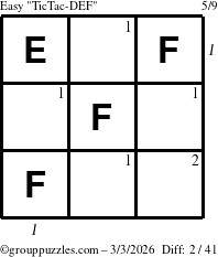 The grouppuzzles.com Easy TicTac-DEF puzzle for Tuesday March 3, 2026 with all 2 steps marked