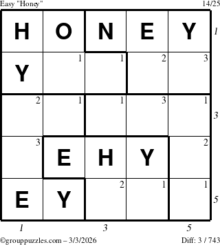 The grouppuzzles.com Easy Honey puzzle for Tuesday March 3, 2026, suitable for printing, with all 3 steps marked