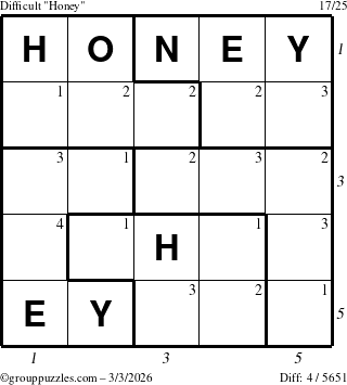 The grouppuzzles.com Difficult Honey puzzle for Tuesday March 3, 2026, suitable for printing, with all 4 steps marked