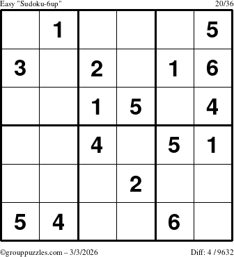The grouppuzzles.com Easy Sudoku-6up puzzle for Tuesday March 3, 2026