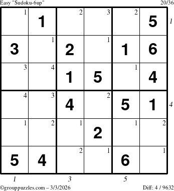 The grouppuzzles.com Easy Sudoku-6up puzzle for Tuesday March 3, 2026 with all 4 steps marked