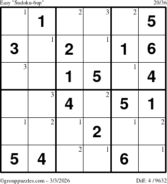 The grouppuzzles.com Easy Sudoku-6up puzzle for Tuesday March 3, 2026 with the first 3 steps marked