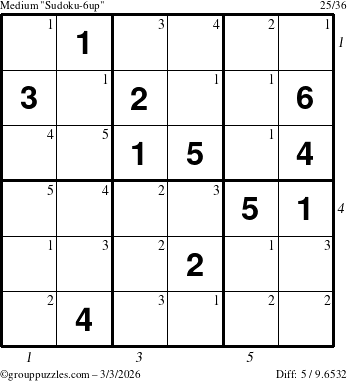 The grouppuzzles.com Medium Sudoku-6up puzzle for Tuesday March 3, 2026, suitable for printing, with all 5 steps marked