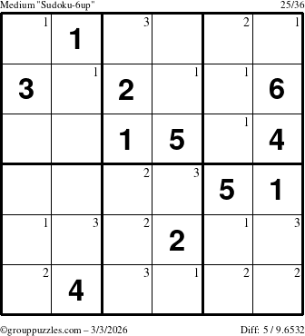 The grouppuzzles.com Medium Sudoku-6up puzzle for Tuesday March 3, 2026 with the first 3 steps marked