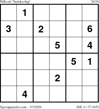 The grouppuzzles.com Difficult Sudoku-6up puzzle for Tuesday March 3, 2026