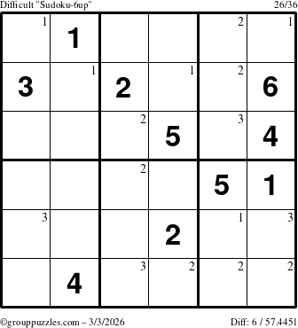 The grouppuzzles.com Difficult Sudoku-6up puzzle for Tuesday March 3, 2026 with the first 3 steps marked