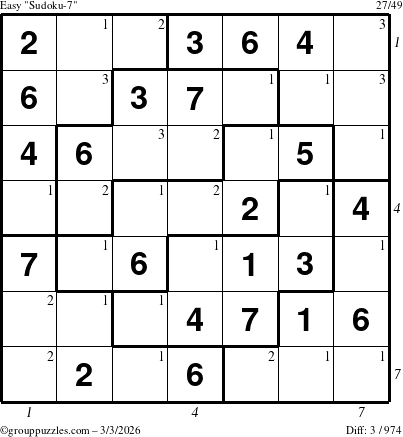The grouppuzzles.com Easy Sudoku-7 puzzle for Tuesday March 3, 2026 with all 3 steps marked