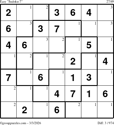 The grouppuzzles.com Easy Sudoku-7 puzzle for Tuesday March 3, 2026 with the first 3 steps marked