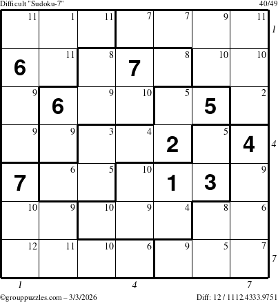 The grouppuzzles.com Difficult Sudoku-7 puzzle for Tuesday March 3, 2026 with all 12 steps marked