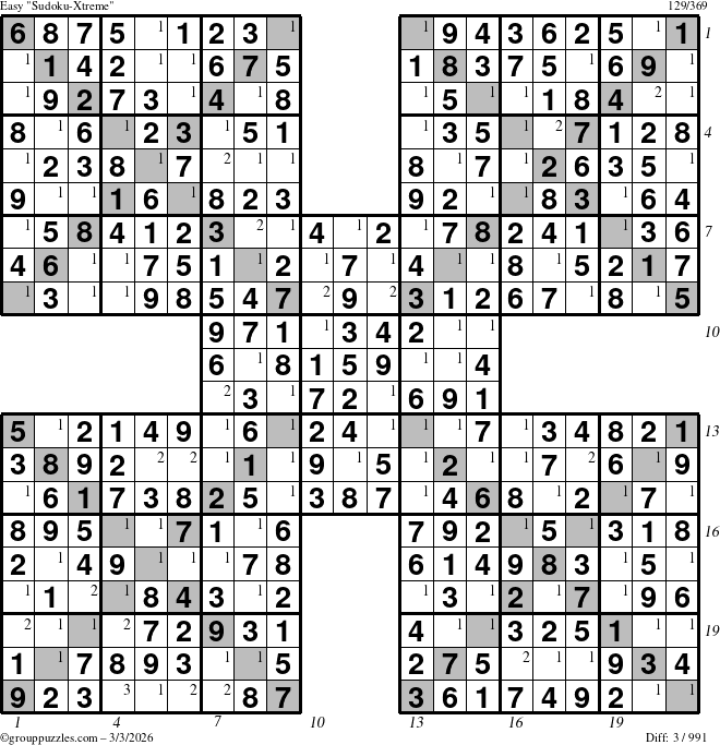 The grouppuzzles.com Easy Sudoku-Xtreme puzzle for Tuesday March 3, 2026 with all 3 steps marked
