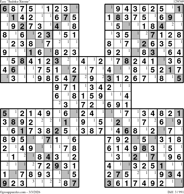 The grouppuzzles.com Easy Sudoku-Xtreme puzzle for Tuesday March 3, 2026 with the first 3 steps marked
