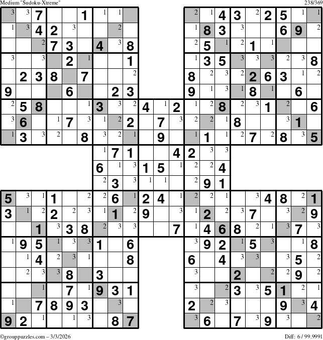 The grouppuzzles.com Medium Sudoku-Xtreme puzzle for Tuesday March 3, 2026 with the first 3 steps marked