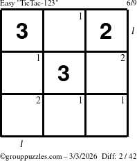 The grouppuzzles.com Easy TicTac-123 puzzle for Tuesday March 3, 2026 with all 2 steps marked