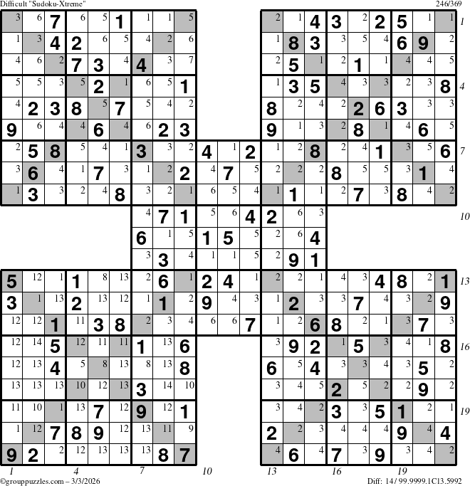 The grouppuzzles.com Difficult Sudoku-Xtreme puzzle for Tuesday March 3, 2026, suitable for printing, with all 14 steps marked