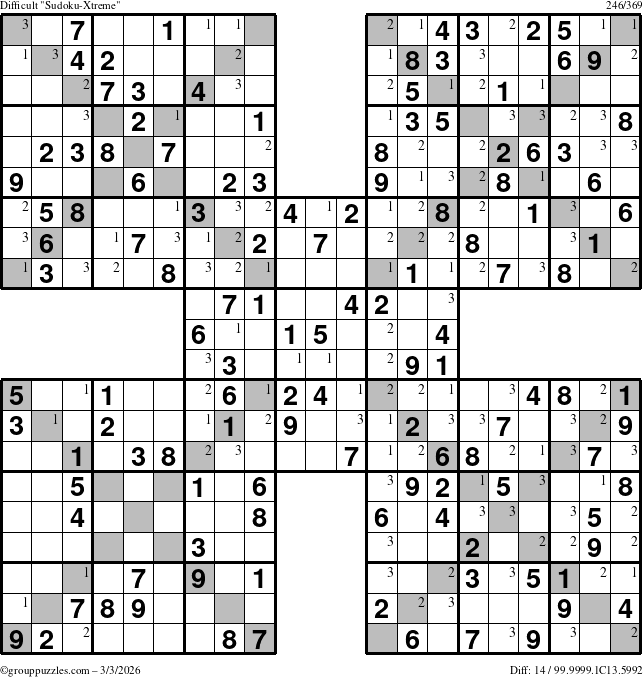 The grouppuzzles.com Difficult Sudoku-Xtreme puzzle for Tuesday March 3, 2026 with the first 3 steps marked